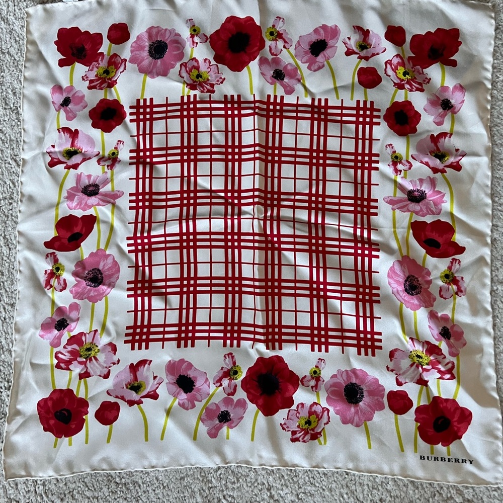 Burberry Red and Pink Floral Silk Scarf
